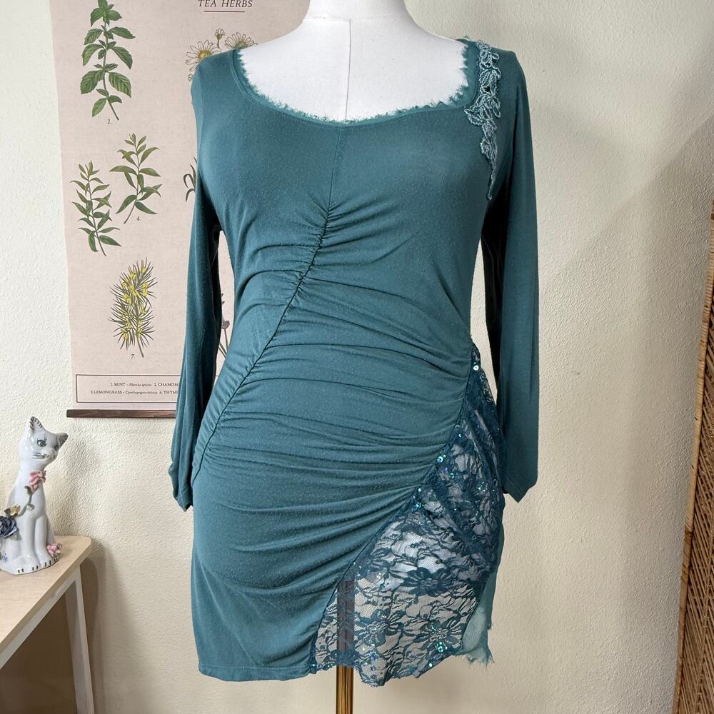 Y2k Ruched Sequin Sheer Lace Asymmetric Top Fairy Grunge Boho Hippie Forest L